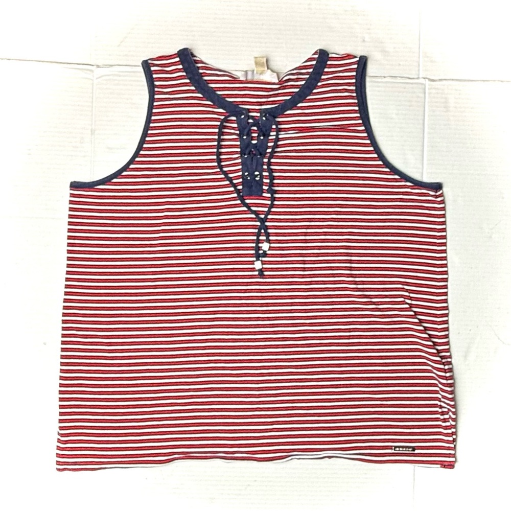 Michael Kors Womens XL Tank Top‎ Blouse Stripe Blue Red White Front Boho Tie